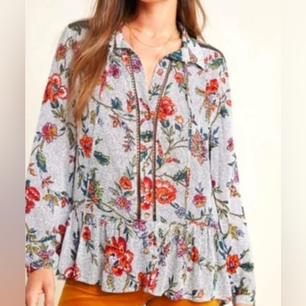 Maeve Janie Flounced Peasant Blouse Size 6 Black Dotted Floral Anthropologie